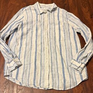 GAP Men's Casual Blue and White Striped Linen Shirt